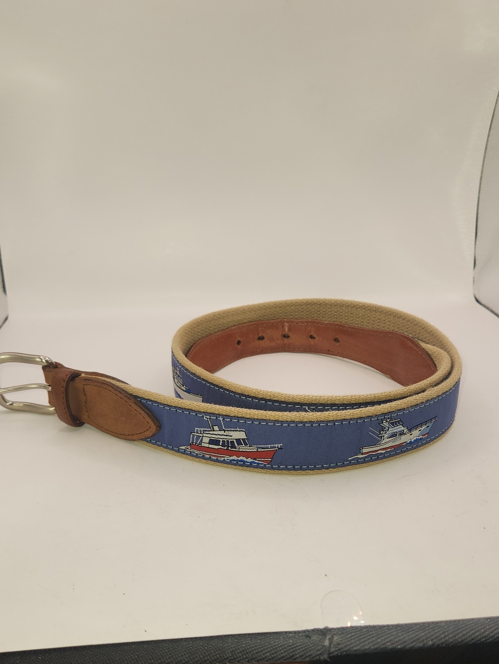 The Belted Cow Company Leather & Blue Belt with Boats Brass Buckle Size 36